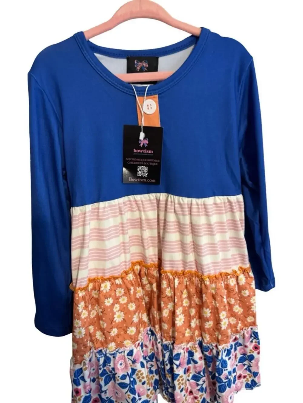 Bowtism Girls Long Sleeve Blue Floral Dress Size 3T Multicolor Cotton Blend NWT